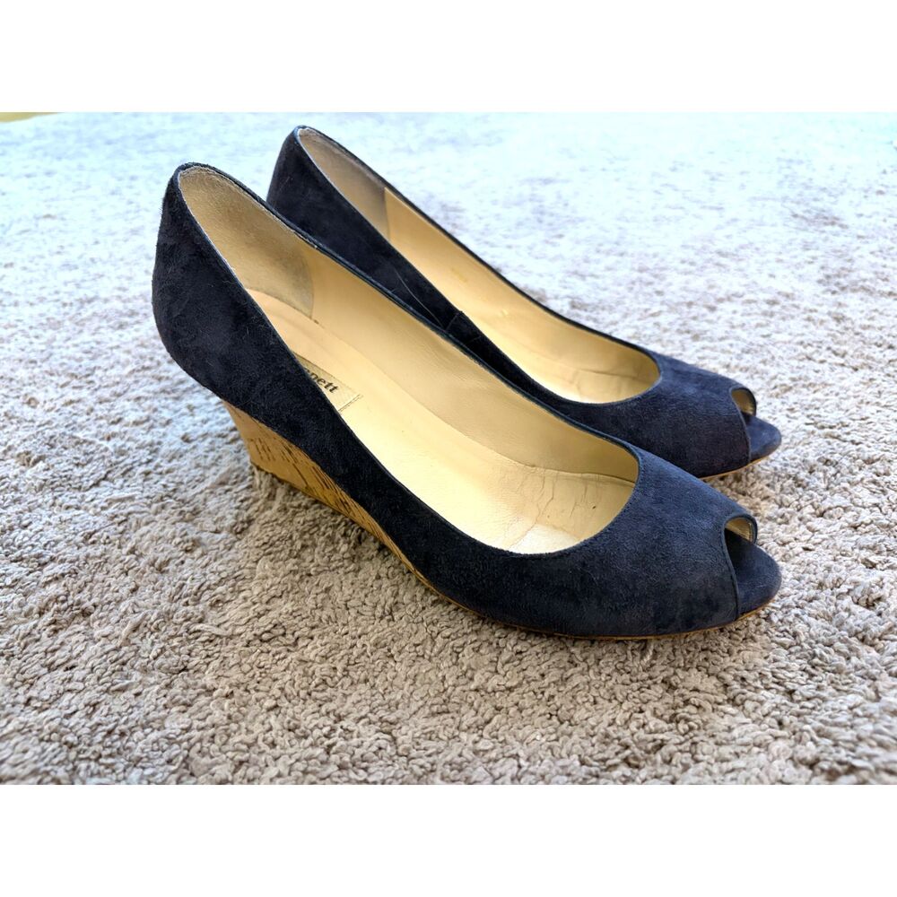 LK Bennett navy suede peep toe wedges 38
